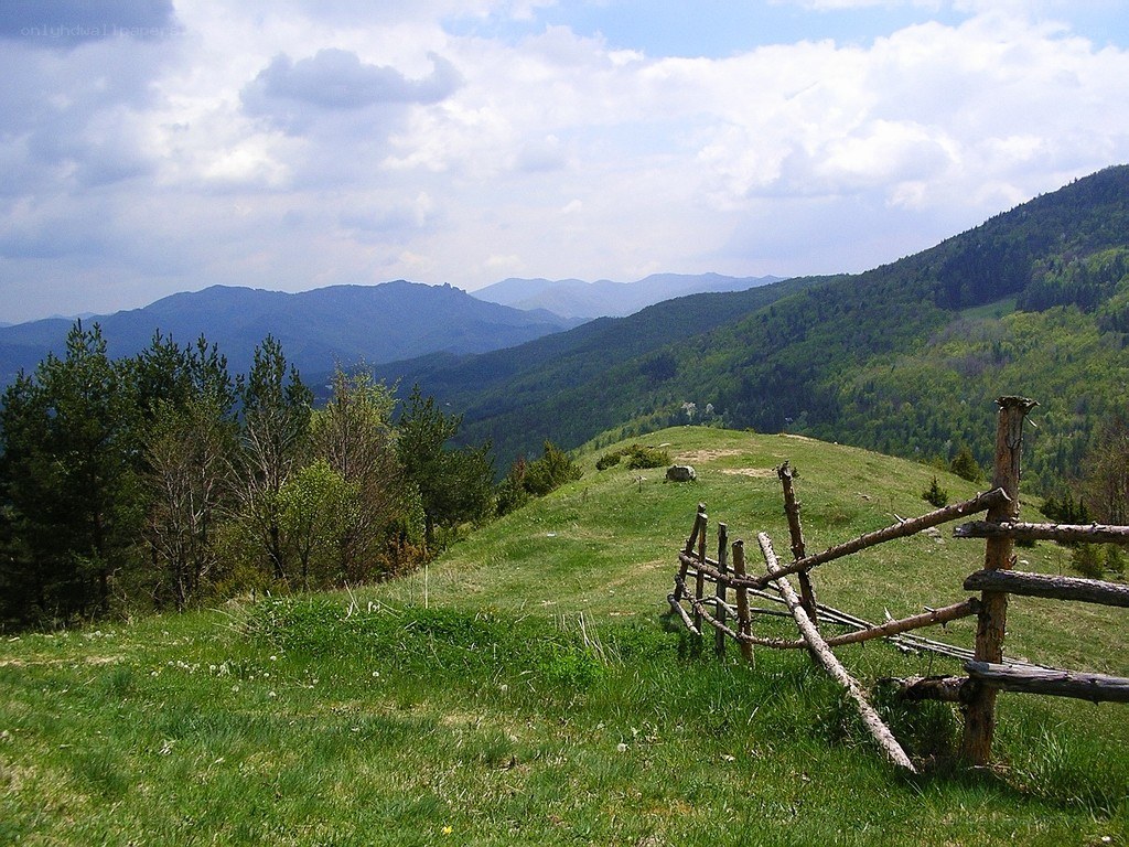 Green hills and distant mountains