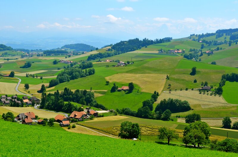 Green hills and farmhouses