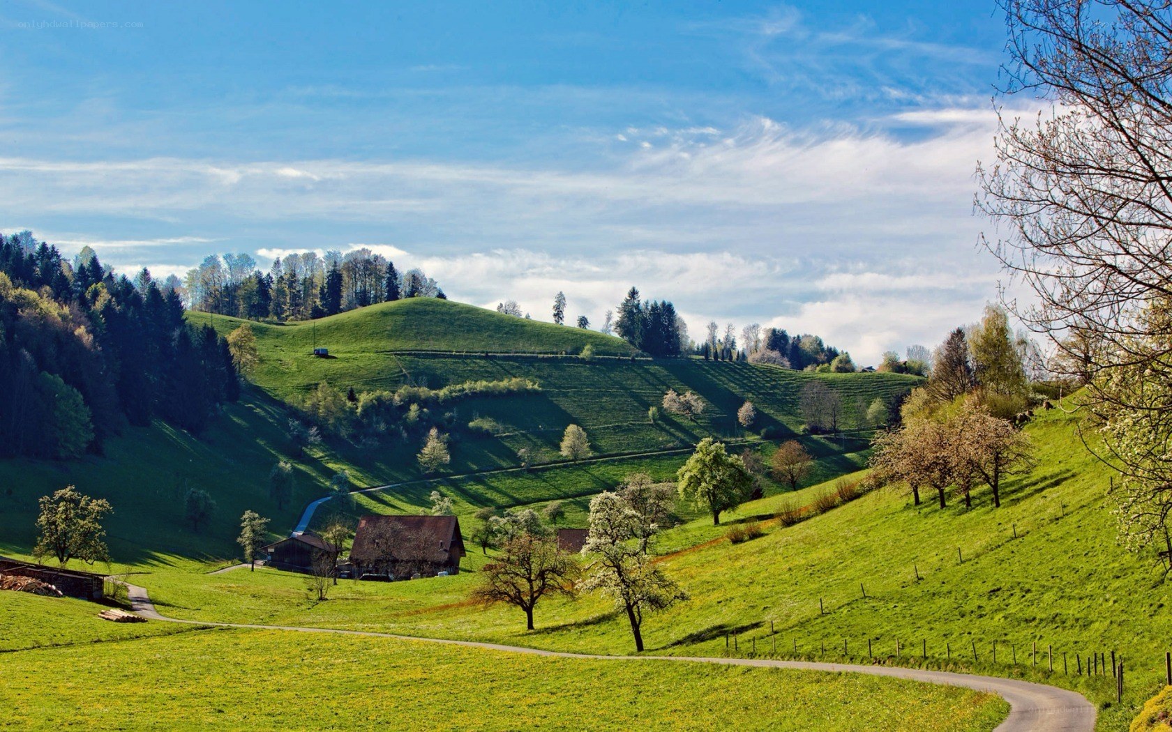 Green hills and farmhouses