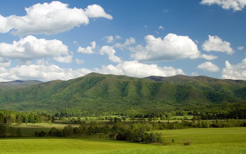 Green Hills and Fields — Serene, Afternoon, Photograph, Clouds, Trees, Valley, Blue