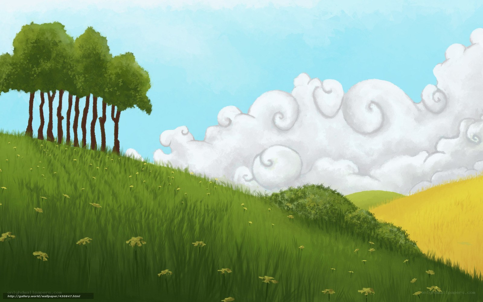 Green hills and fluffy clouds