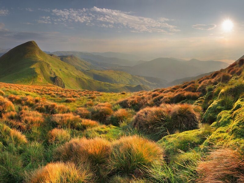 Green Hills and Grass — Serene, Sunrise