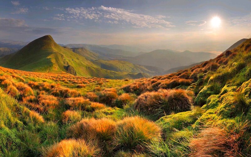 Green Hills and Grass — Serene, Sunset