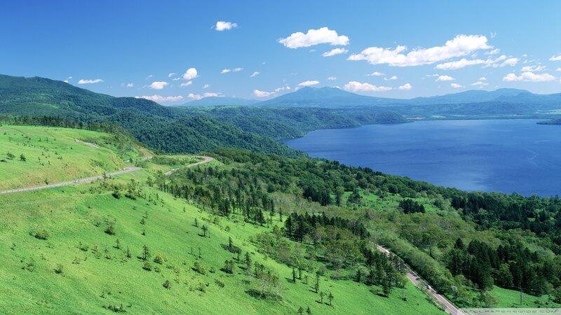 Green Hills and Lake — Blue, Serene, Afternoon, Photograph
