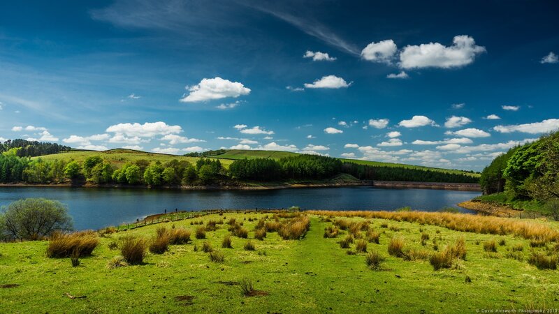 Green Hills and Lake — Blue, Serene, Afternoon, Photograph, Trees, Clouds
