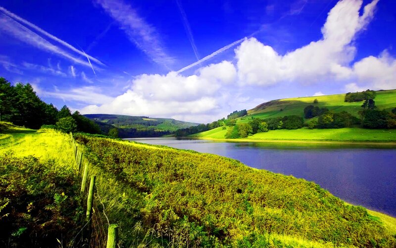 Green Hills and Lake — Blue, Serene, Afternoon, Photograph, Trees