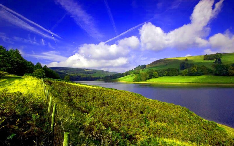 Green Hills and Lake — Blue, Serene