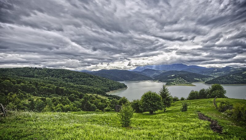 Green Hills and Lake — Dramatic, Afternoon, Photograph