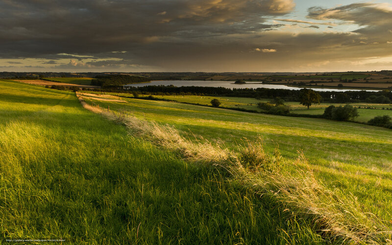 Green Hills and Lake — Dramatic, Sunset, Photograph