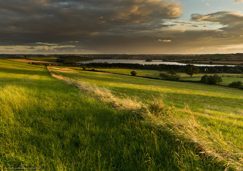 Green Hills and Lake — Dramatic, Sunset