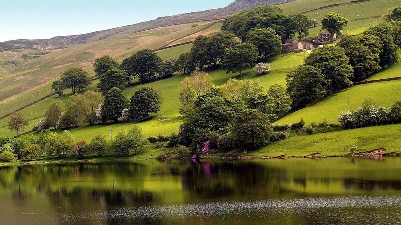 Green hills and lake landscape