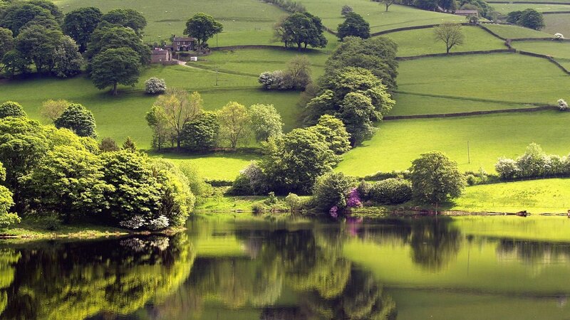 green hills and lake landscape