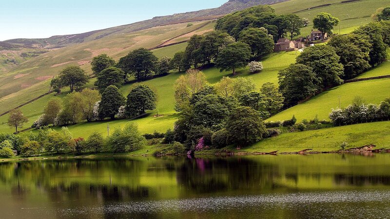 green hills and lake landscape