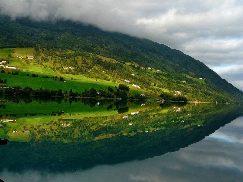 Green Hills and Lake — Serene, Afternoon, Photograph, Mountain
