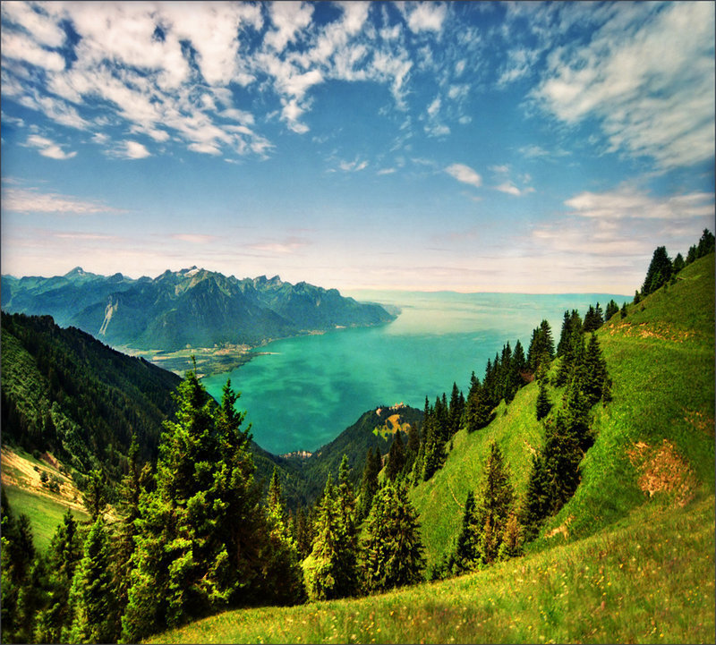 Green Hills and Lake — Serene, Afternoon, Photograph, Mountains, Trees