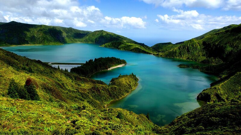 Green Hills and Lake — Serene, Afternoon, Photograph, Sky