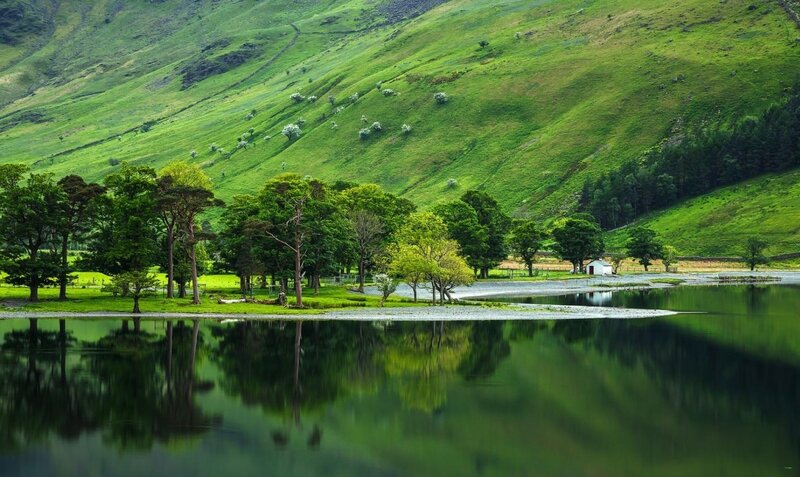 Green Hills and Lake — Serene, Afternoon, Photograph, Trees, Hillside