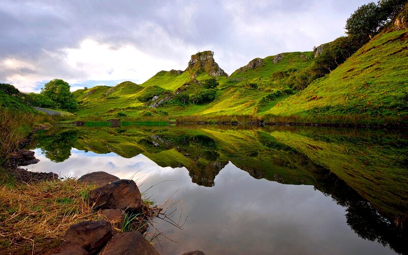 Green Hills and Lake — Serene, Afternoon, Photograph, Trees, Sky
