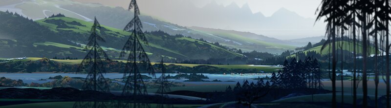 Green Hills and Lake — Serene, Morning, Digital Art