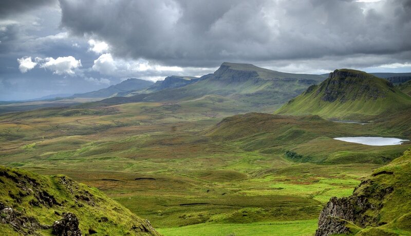 Green Hills and Mountains — Dramatic, Afternoon, Photograph, Clouds, Lake, Gray