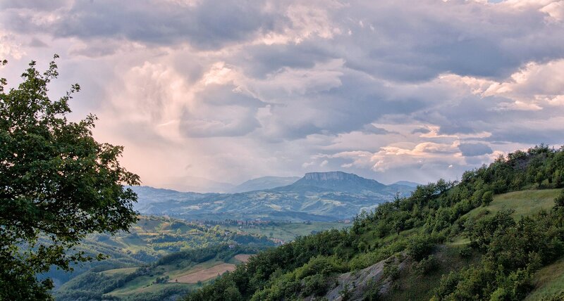 Green Hills and Mountains — Dramatic, Afternoon, Photograph, Trees, Clouds, Valley