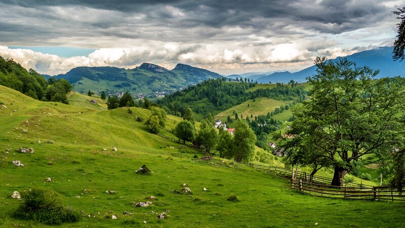 Green Hills and Mountains — Dramatic, Afternoon, Photograph, Trees, Village, Clouds