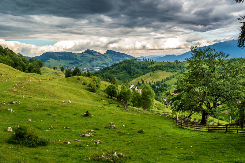 Green Hills and Mountains — Dramatic, Afternoon, Photograph, Trees, Village