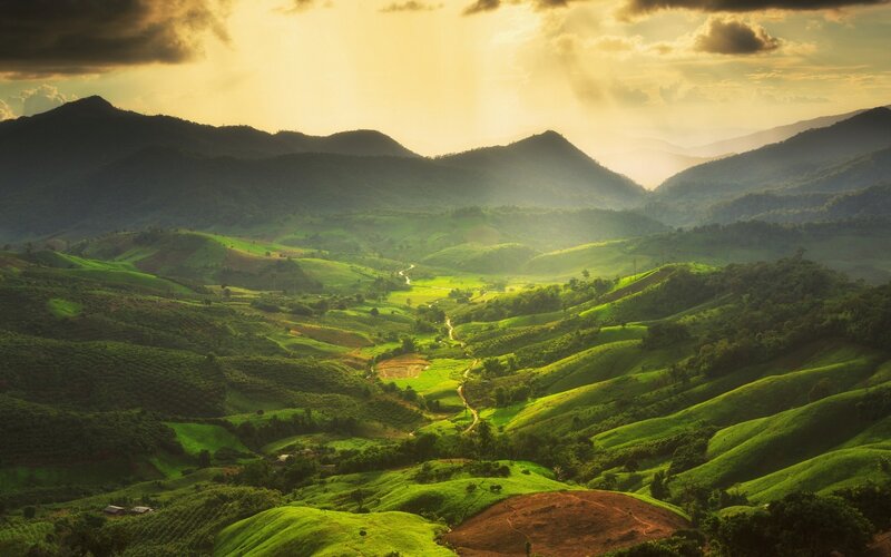 Green Hills and Mountains — Dramatic, Sunset, Photograph