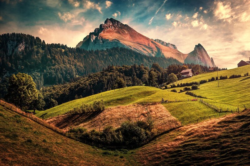 Green Hills and Mountains — Dramatic, Sunset, Photograph, Trees