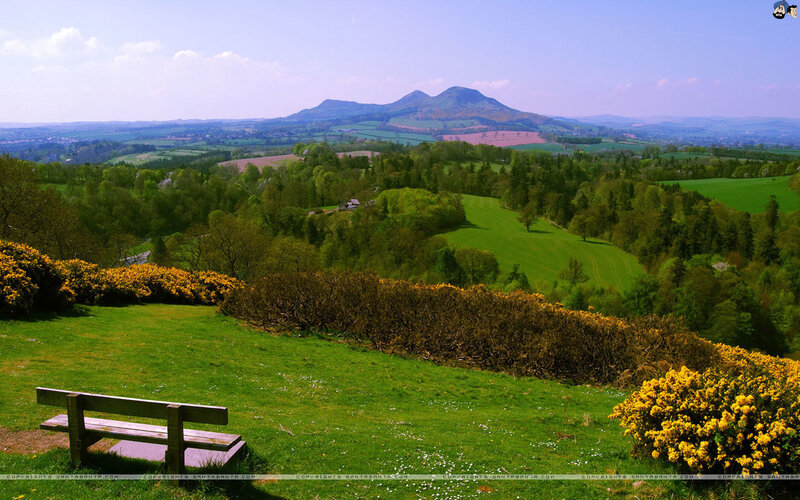 Green Hills and Mountains — Serene, Afternoon, Photograph, Bench