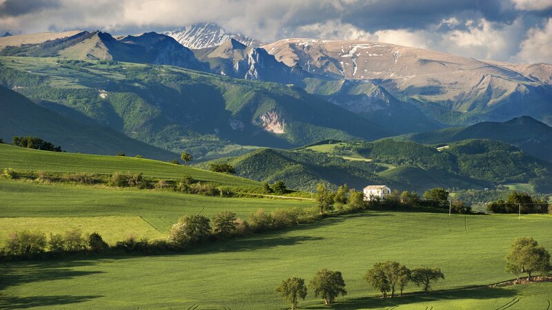 Green Hills and Mountains — Serene, Afternoon, Photograph, House