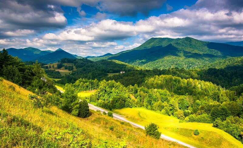 Green Hills and Mountains — Serene, Afternoon, Photograph, Road, Trees, Clouds