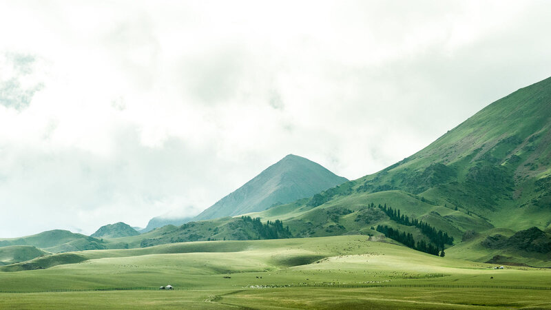 Green Hills and Mountains — Serene, Afternoon, Photograph, Yurt