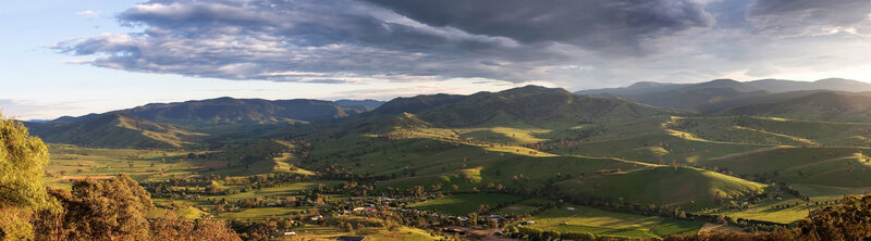 Green Hills and Mountains — Serene, Sunset, Photograph, Village