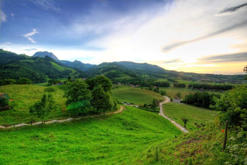 Green Hills and Mountains — Serene, Sunset