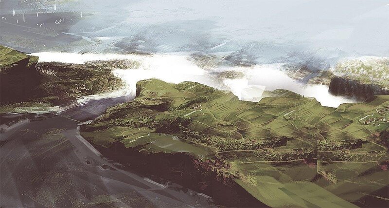 Green Hills and River — Serene, Digital Art
