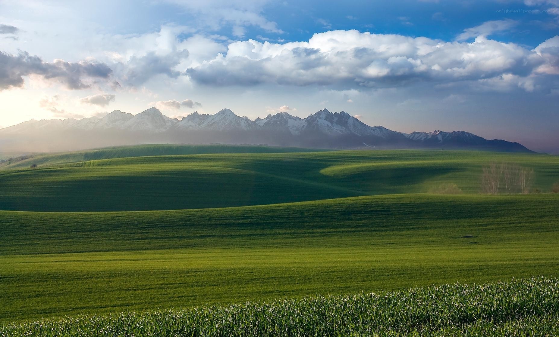 Green hills and snow-capped mountains
