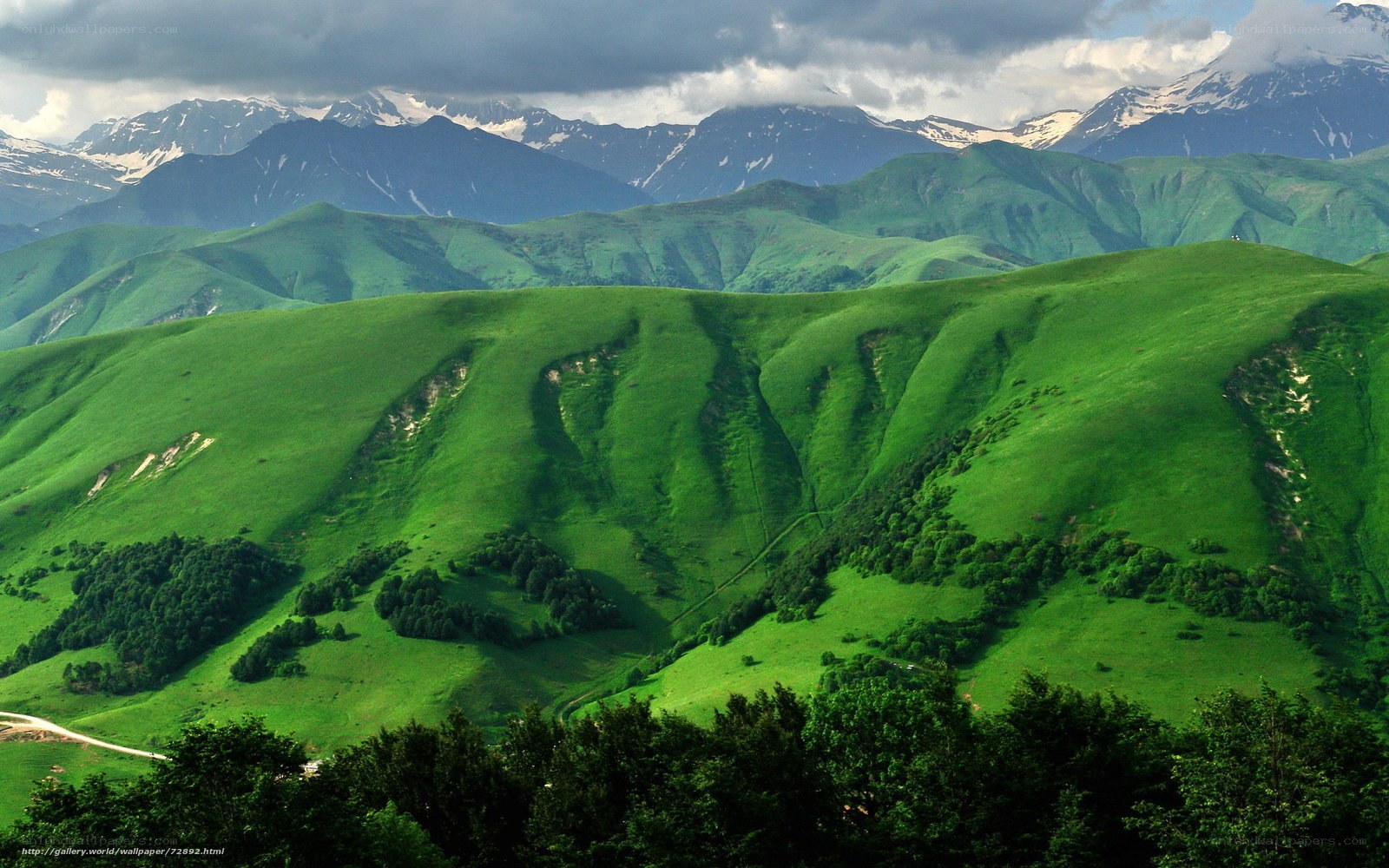 Green hills and snow-capped mountains
