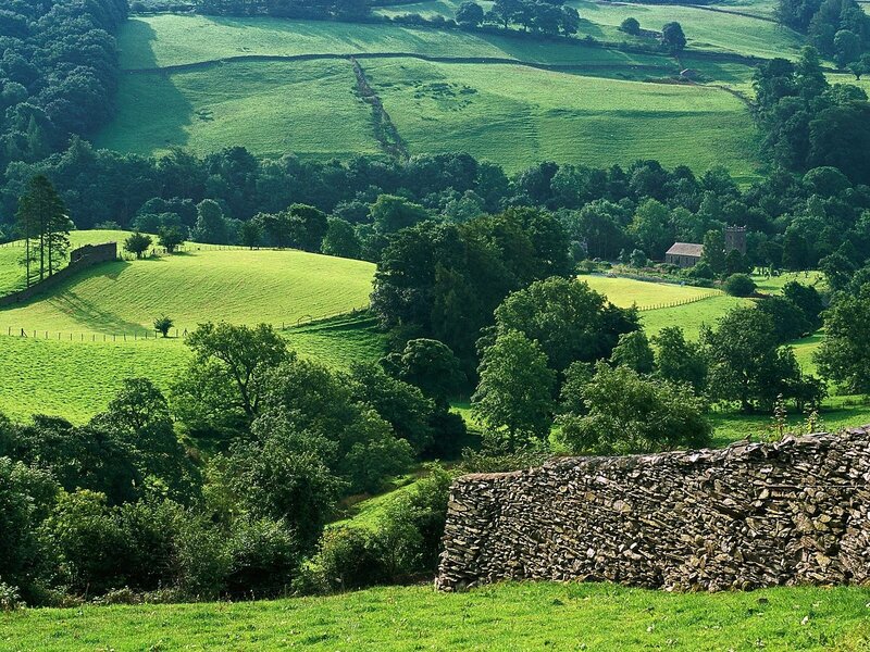 Green hills and stone walls