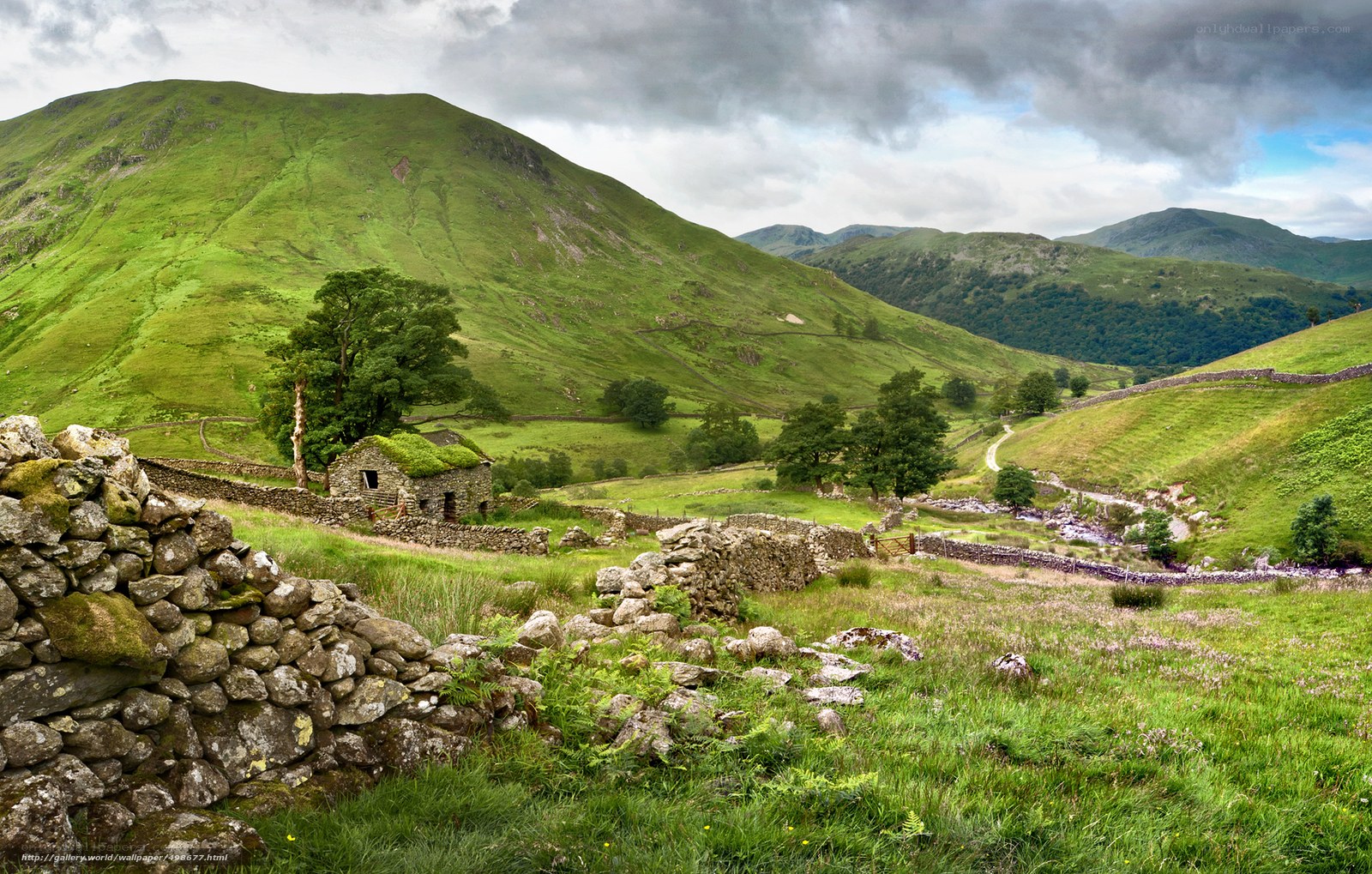 Green hills and stone walls