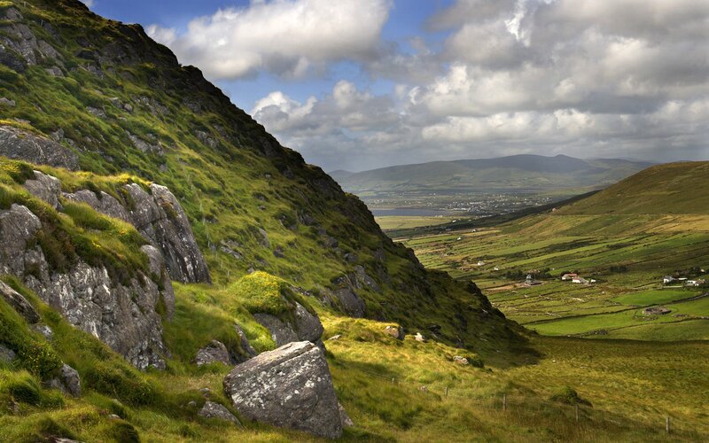 Green Hills and Valley — Serene, Afternoon, Photograph, Mountain, Clouds