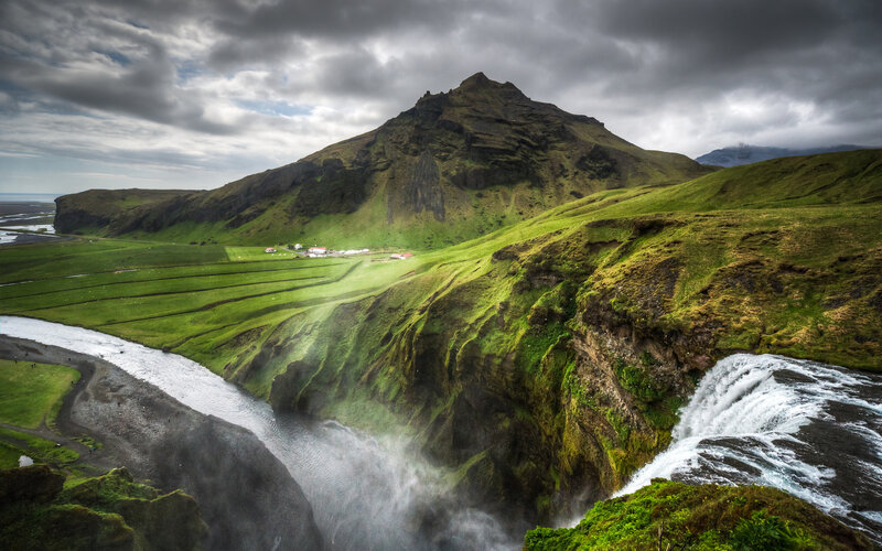 Green Hills and Waterfall