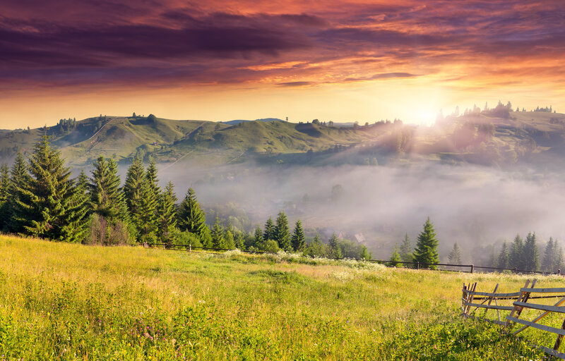 Green Hills at Sunrise — Serene, Photograph, Fog