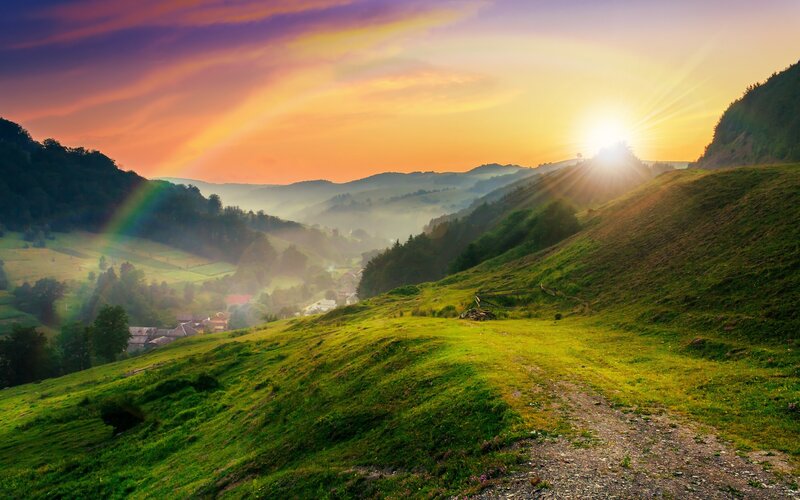 Green Hills at Sunrise — Serene, Photograph, Village