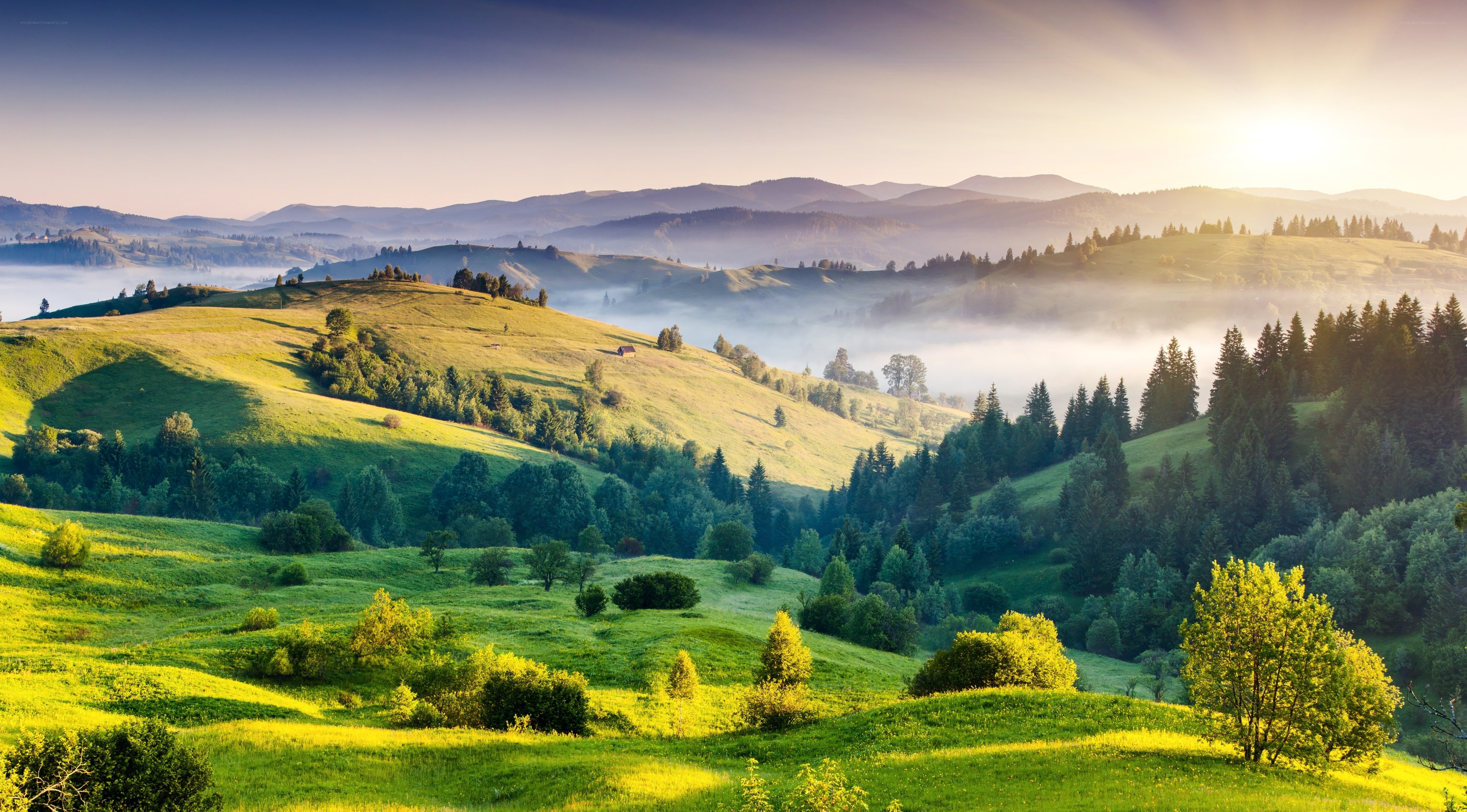 Green hills at sunrise