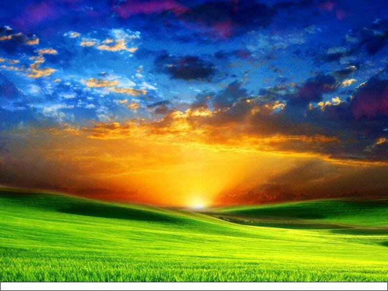 Green Hills at Sunset — Dramatic, Digital Art, Sun, Clouds, Field, Blue