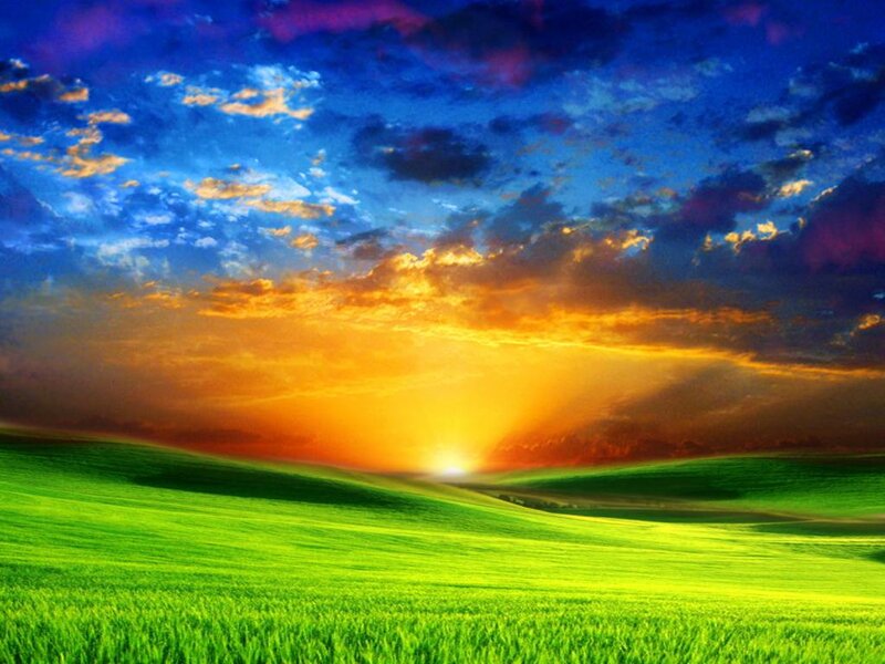 Green Hills at Sunset — Dramatic, Digital Art, Sun, Clouds