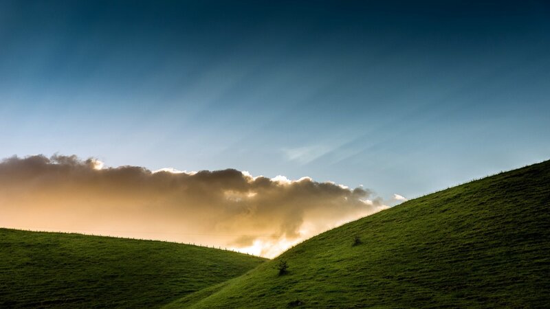 Green Hills at Sunset — Dramatic, Photograph, Clouds, Sky