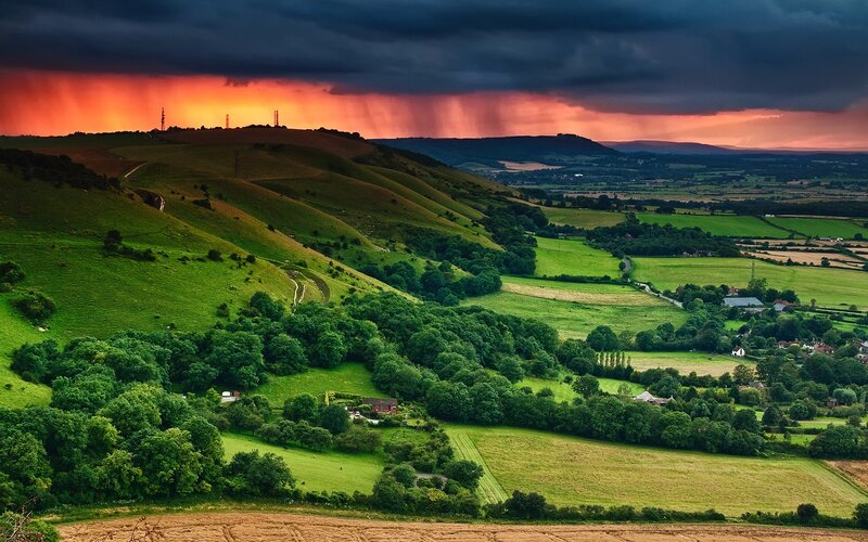 Green Hills at Sunset — Dramatic, Photograph, Fields, Storm Clouds, Orange