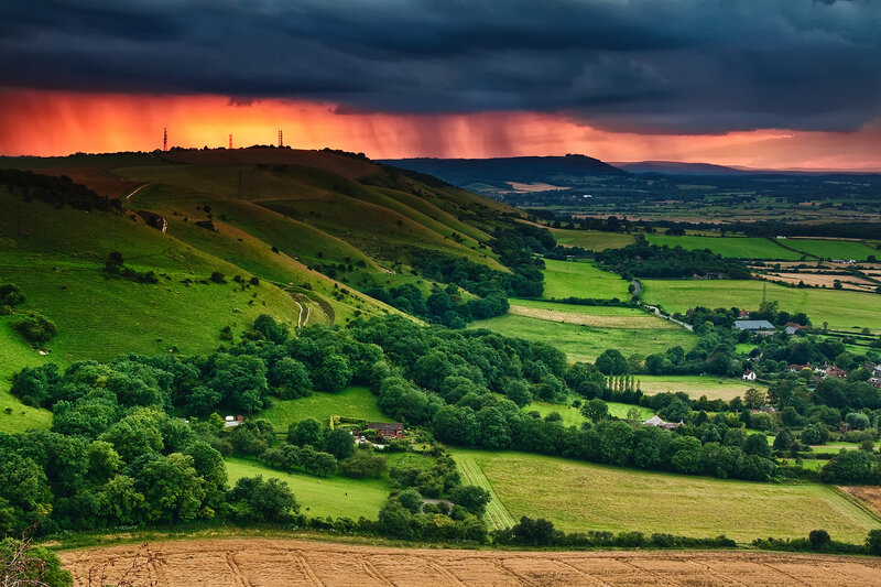 Green Hills at Sunset — Dramatic, Photograph, Fields